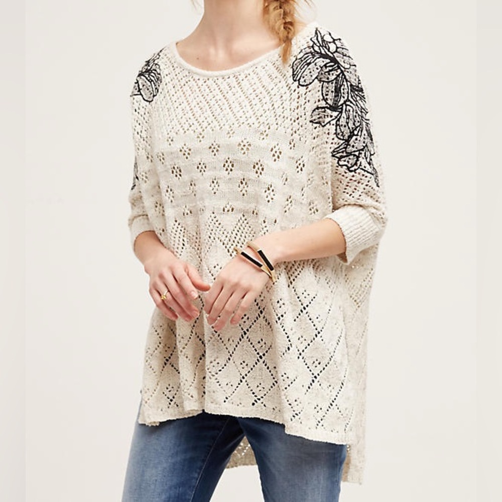 Knitted & Knotted Anthropologie Floral Embroidery Oversized Luana Poncho Sweater - Picture 14 of 14